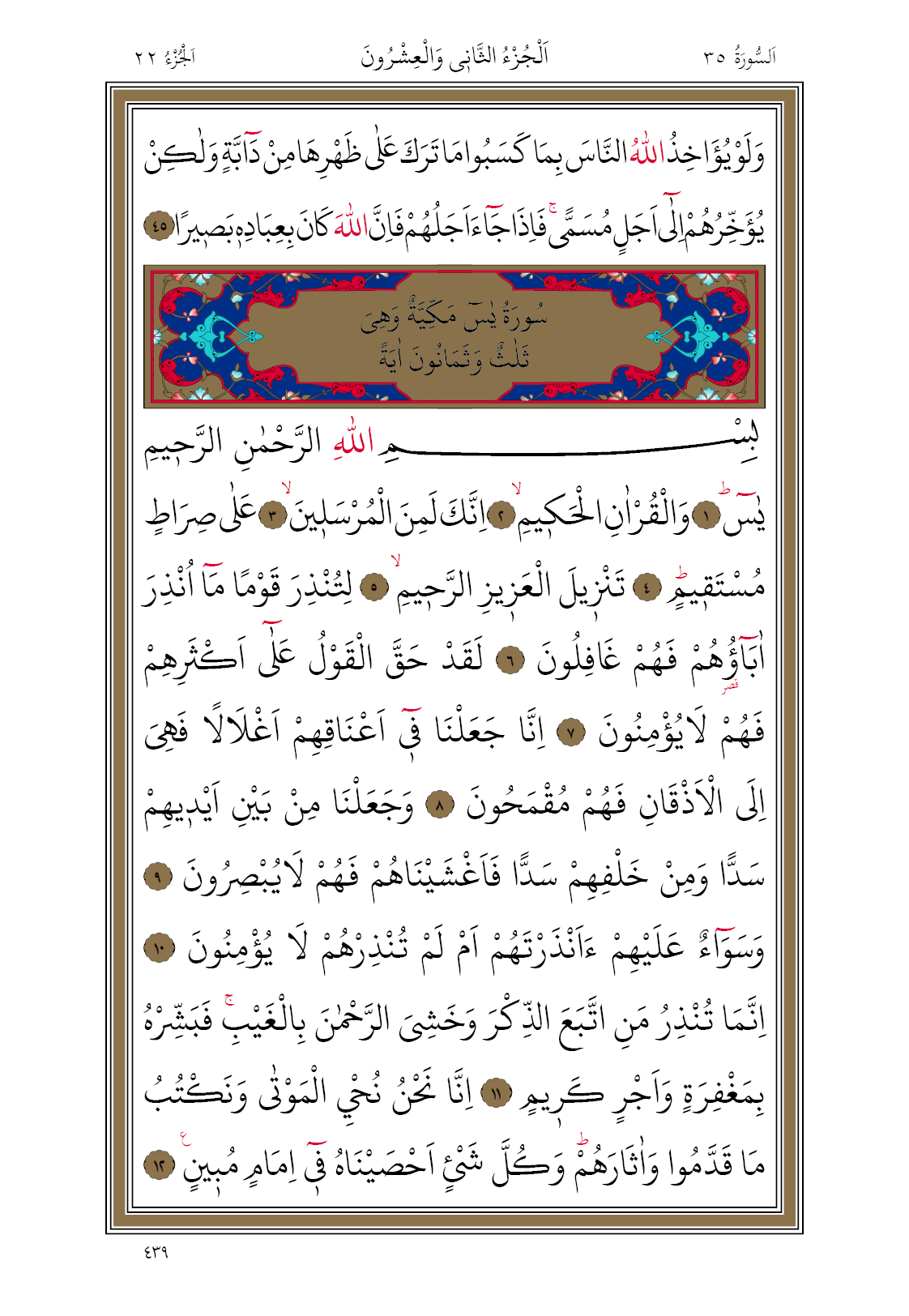 439 Diyanet Bilgisayar Hatlı Kur'an I Kerim 22. Cüz Fatır Suresi, Yasin Suresi 439. Sayfa Oku