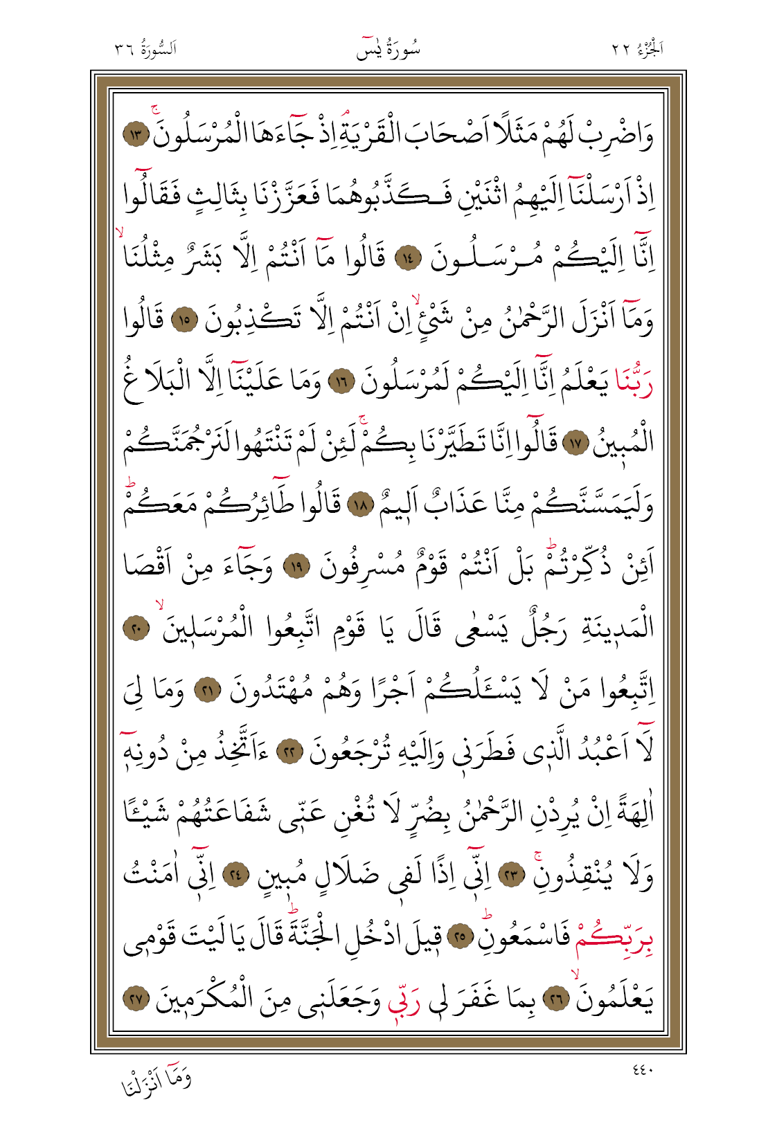 440 Diyanet Bilgisayar Hatlı Kur'an I Kerim 22. Cüz Yasin Suresi 440. Sayfa Oku