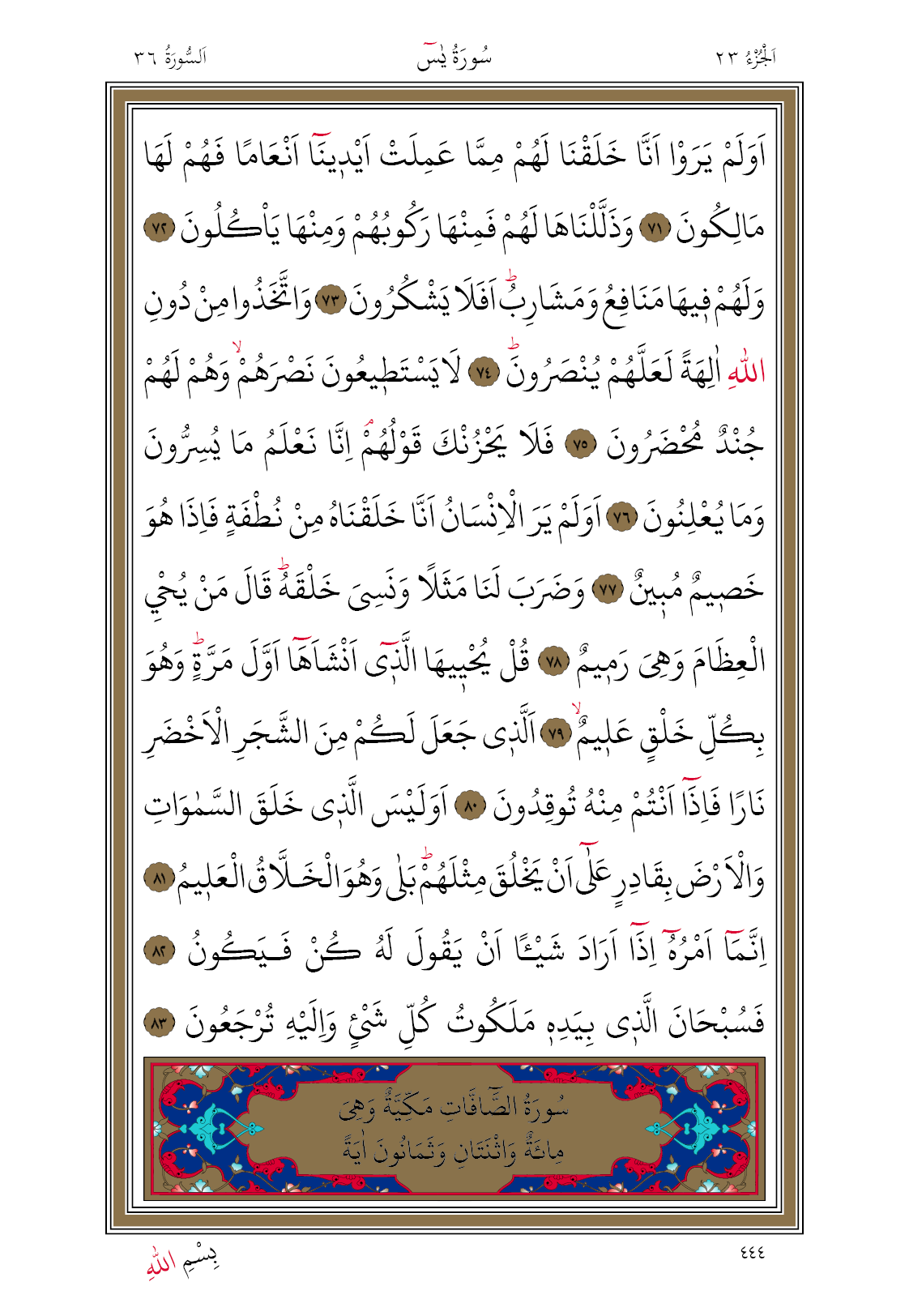 444 Diyanet Bilgisayar Hatlı Kur'an I Kerim 23. Cüz Yasin Suresi 444. Sayfa Oku